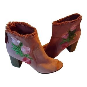 Dominque Nicole Heeled Peek A Boo Bootie floarl embroidery fringe trim